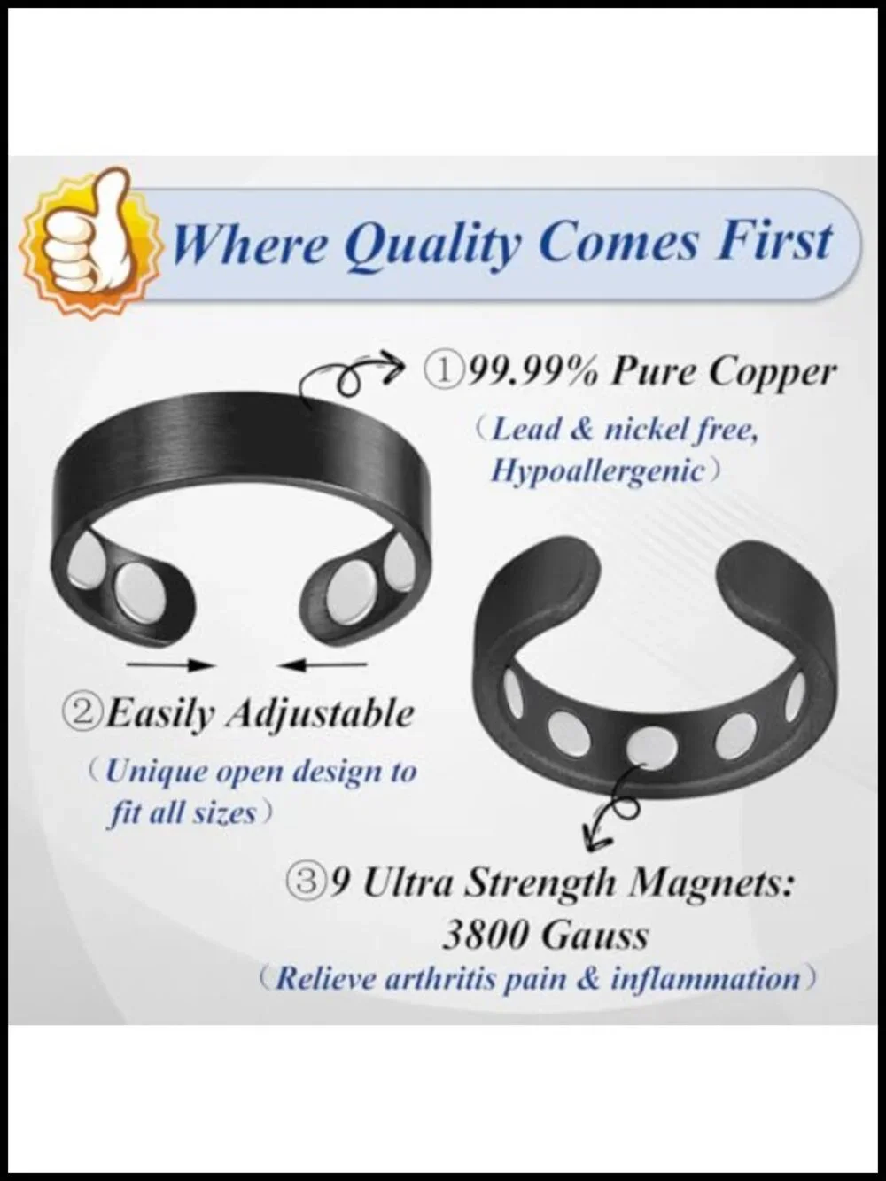 9X Copper Rings with Powerful Magnets Adjustable Solid Pure Copper